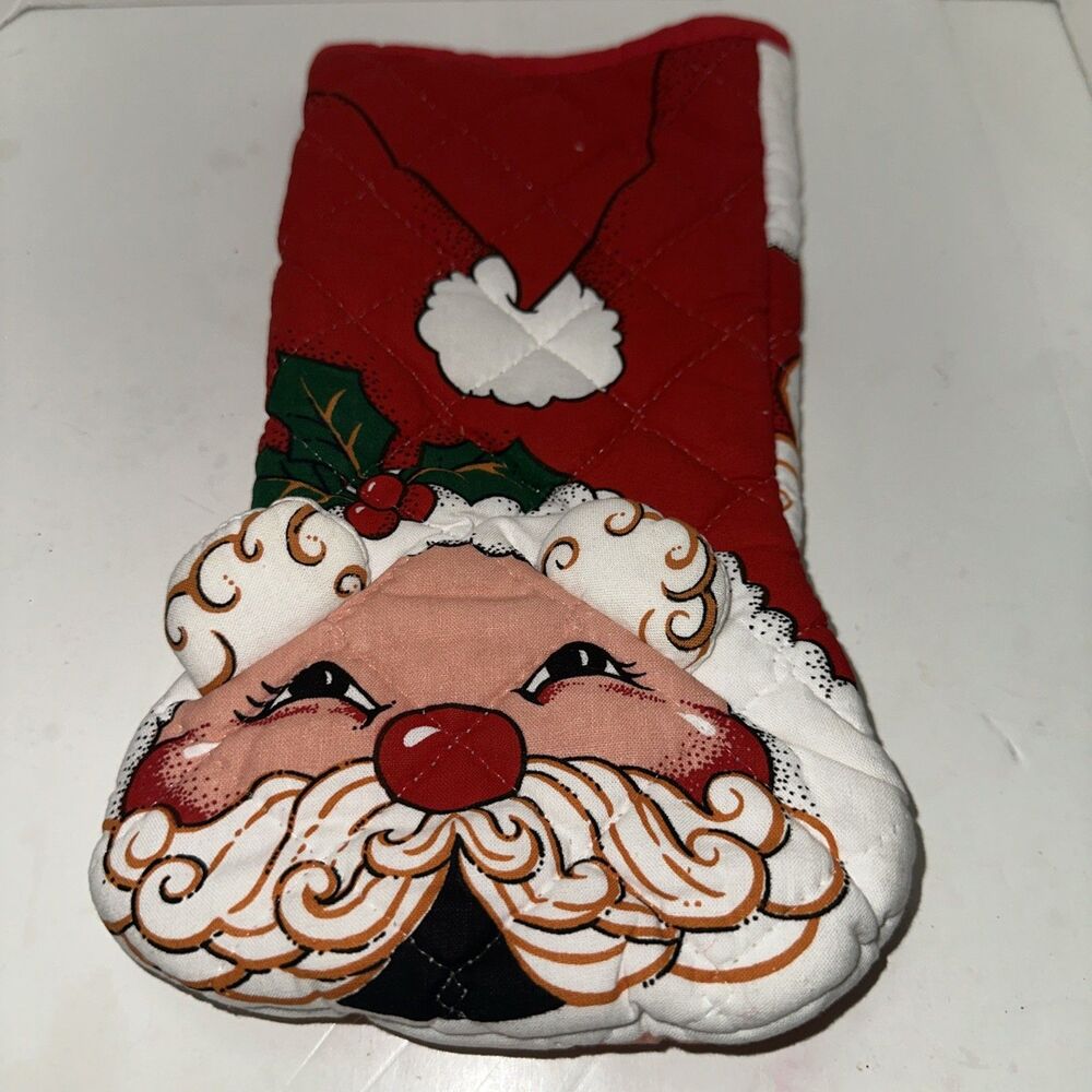 Vintage Merry Quilted Oven Mitt Santa Christmas Elf In Mouth Holiday Trimming